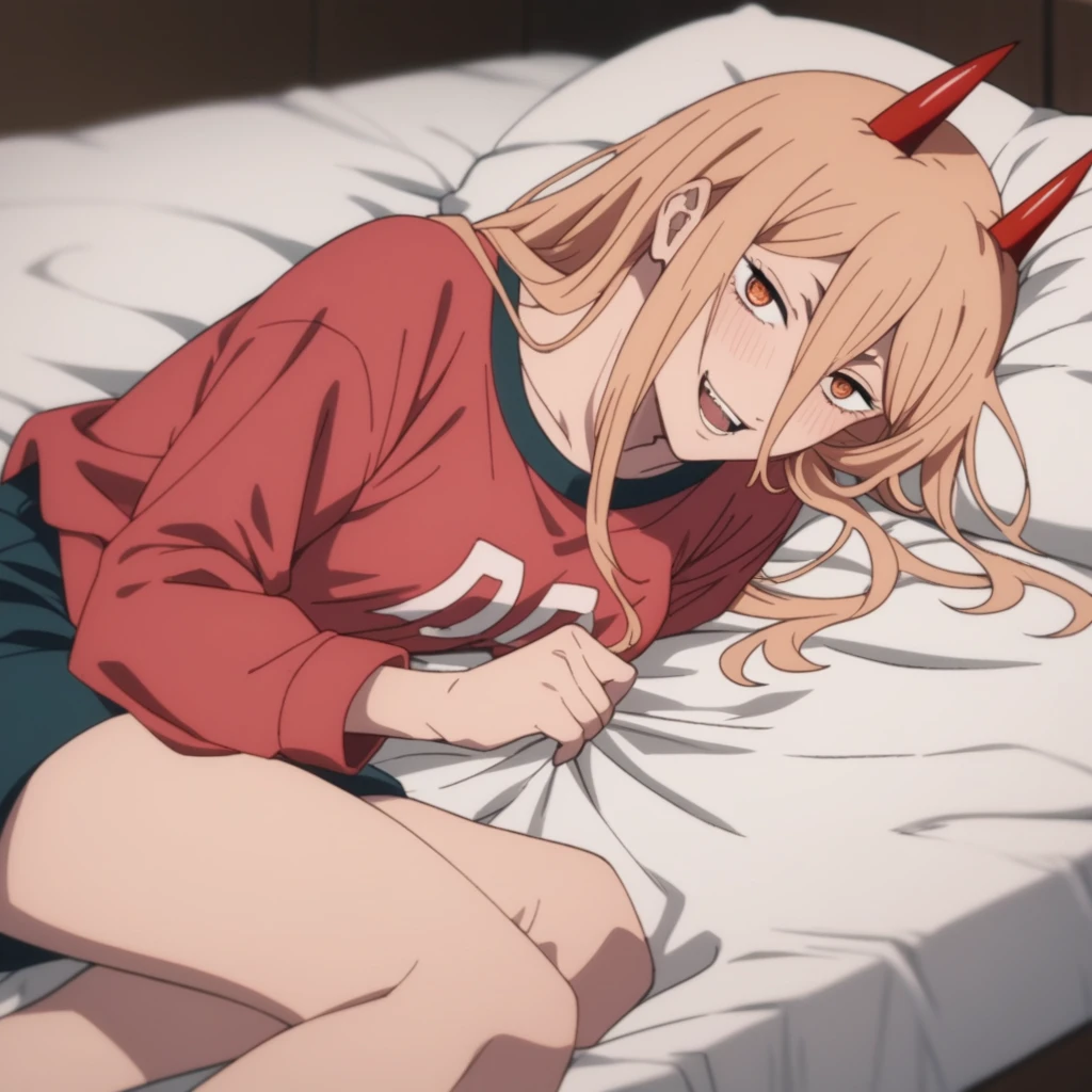 score_9, score_8_up, score_7_up, score_6_up, score_5_up, score_4_up, best quality, masterpiece, colorful, very aesthetic, anime,
BREAK
(lying on bed:1.2), knee up, half closed eyes, blush, smile, open mouth, seductive , night, holding sheets,  1girl, p0w3r0x1, long hair, blonde hair, red horns, demon pupils, red sweatshirt