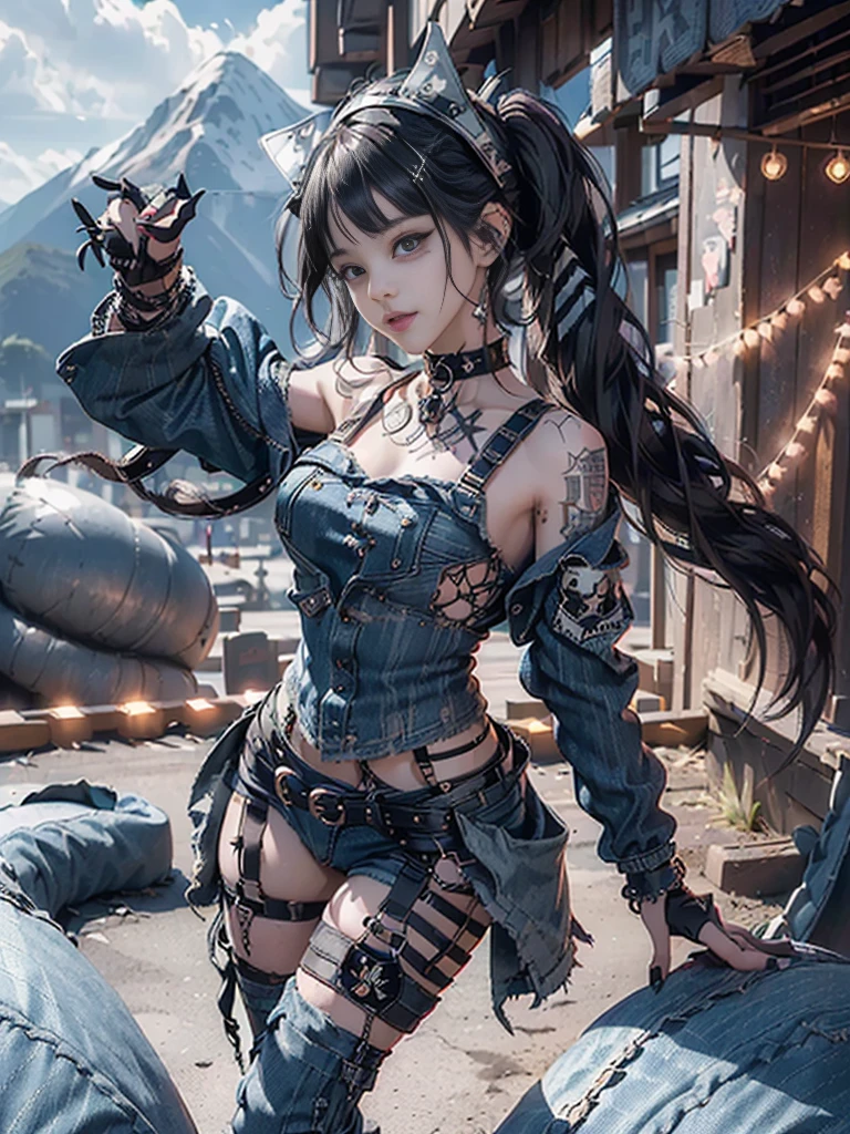 (Full Body View:1.3)、(Beautiful lips and nose:1.4)、(Long eyelashes:1.4)、(Side view:1.1)、(Smiling with teeth showing:1.3),(Shibuya Gal:1.5)、(Gothic Lolita delicately decorated dress:1.5)、(Tattered denim and black punk rock cargo pants:1.5)、(Denim and black navy skull mark small jacket:1.4)、(denim garter belt:1.5)、(Black and denim knee socks:1.3)、(Skull Silver Accessories:1.5)、(Denim collar:1.3)、(Brown Skin Belt:1.4)、(Brown boots:1.2)、(The underwear is striped:1.4)、31 years old、((Highest quality、In 8K、masterpiece:1.3))、Sharp focus:1.2、(Layered Cut、Huge boobs:1.1),Beautiful woman with perfect figure:1.4、(Dancing vigorously:1.3)、Slender Abs:1.2、Highly detailed face and skin texture、Detailed eyes、double eyelid,(Twin tails:1.3)、(Black brown hair:1.3)、Gravure idol、(The background is a vast mountain with a clear view々Beautiful luxury resort destination in Europe:1.3)、(Slim body:1.2),(Make your legs thinner:1.4),(clavicle:1.1)