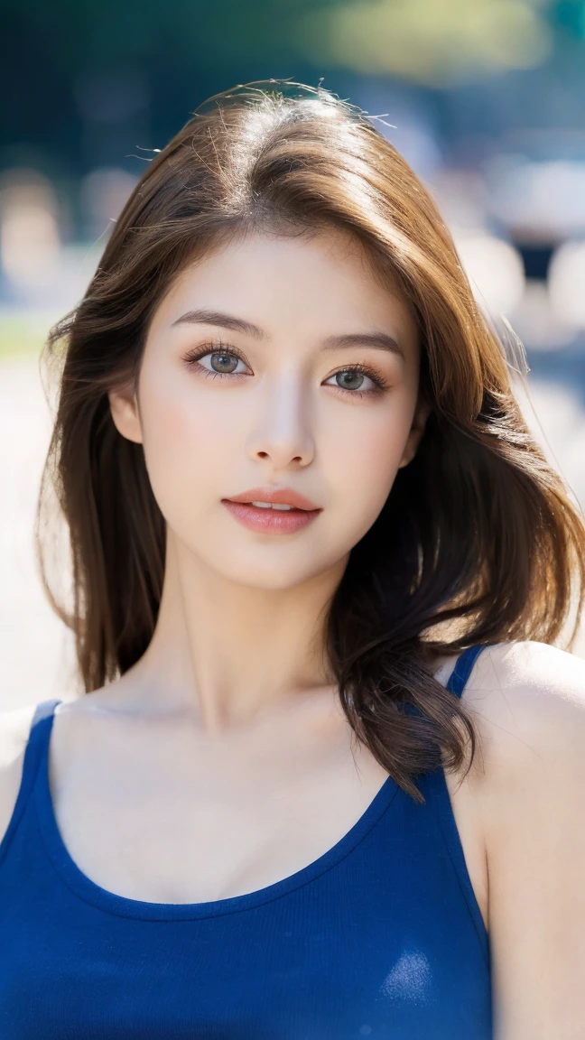 ((Highest quality, 8K, masterpiece:1.3)),One girl,18-year-old,Asian,Oriental、Realistic texture:1.3,(Background Blur:1.1),Dress up,Short and slim figure:1.2,(Hot summer weather),(street:1.3),Highly detailed face and skin texture,Beautiful Eyes,Long eyelashes,double eyelid,Skin whitening,Happy,Mr.々Attitude,Big Breasts、Thin black tank top、Moisturized Skin、The background is a blurred park、ショートヘア with blue highlights、Moisturized lips、Big brown eyes、Moist brown eyes、