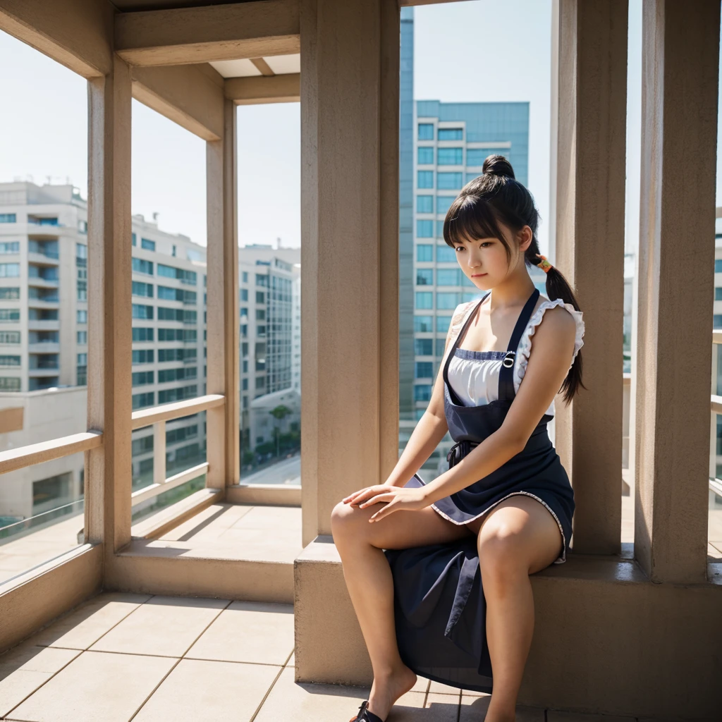 1girl,legs,a girl at building,(((building))), braided bangs,braided ponytail,(solo:1.2),apron,thick thighs,side-tie panties, balck hair, yo,looking at viewer, sunlight,hanfu,