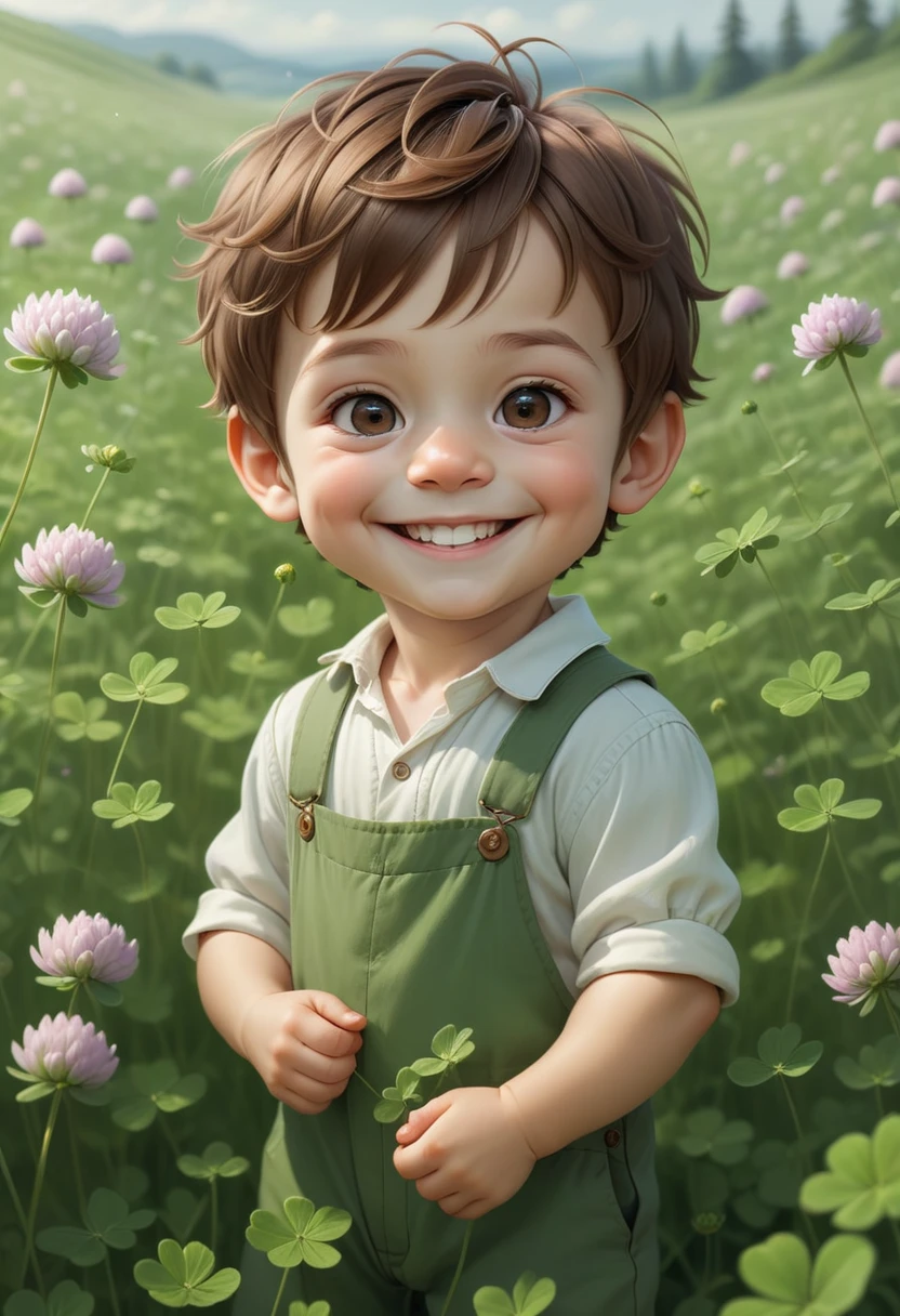 (masterpiece), (best quality), (extremely detailed), (1 baby), (cute boy), smile, brown hair, black eyes, slender, extremely detailed eyes, Cangaceiro clothes, smiling, in the clover meadow, upper body, original, extremely detailed wallpaper, (parfect detail features), 16k