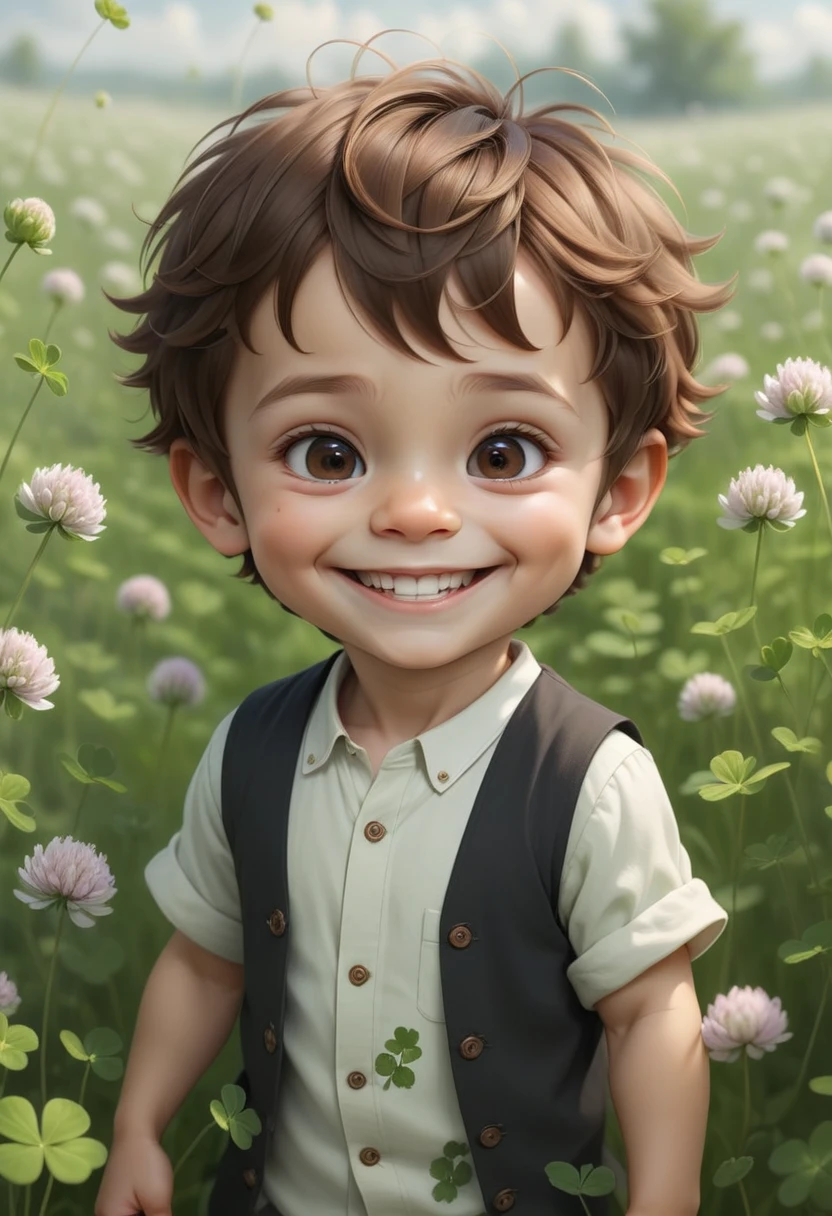 (masterpiece), (best quality), (extremely detailed), (1 baby), (cute boy), smile, brown hair, black eyes, slender, extremely detailed eyes, Cangaceiro clothes, smiling, in the clover meadow, upper body, original, extremely detailed wallpaper, (parfect detail features), 16k