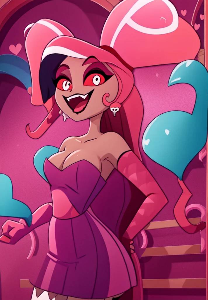 1girl, VelvetteHH, dark eyeshadow, white pupils, red sclera, pink hair, two-tone hair, twintails, long hair, skull earrings, colored skin, dark skin, fangs, bare shoulders, fingerless gloves, elbow gloves, dress, solo, white_dress, wedding_dress, standing, indoors, own_hands_together, bare_shoulders, strapless_dress, breasts, strapless, full_body, mirror, looking_at_viewer, monster_girl, heart hands
