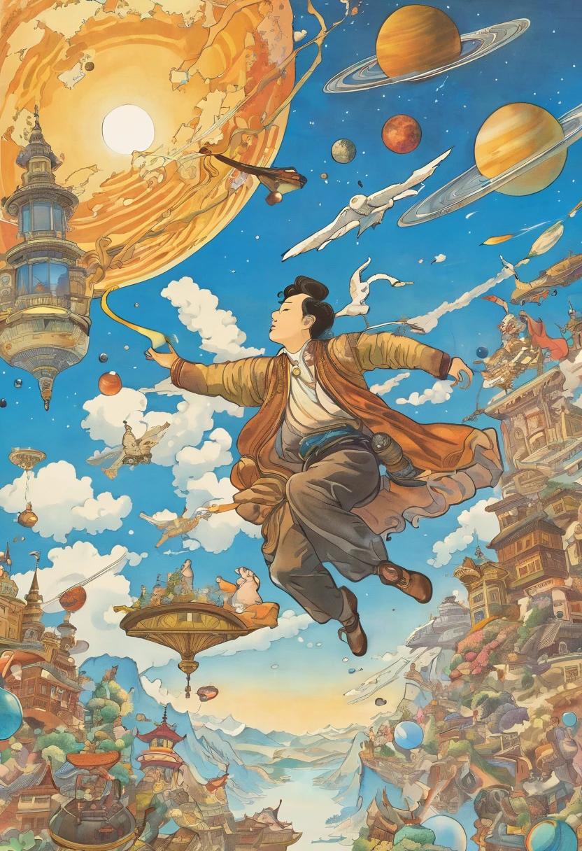 A man flies through the sky,Surrounded by a planet,A variety of goods surround it。The man holds the map,'s illustration。
