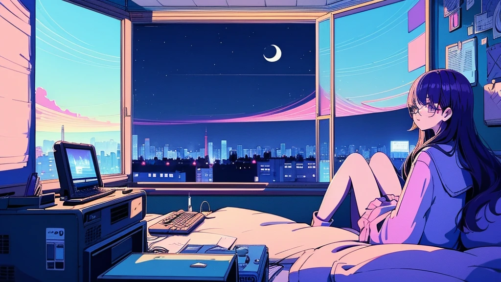 (from behind), Anime girl sitting in front of a computer in a cozy bedroom, Girl listening to music while studying in a cozy room (night), Using headphones, on the roof, (beautiful night views from windows), lots of things, 2D anime style, The aesthetics of anime in the 90s, lo-fi, long hair, very detailed, Hard disk, A mix of anime style and Fujifilm, surreal, 8K, masterpiece, violet eyes,black gloves, round glasses, long sleeves,violet hair, round glasses, Flat Chest, smile, pantyhose