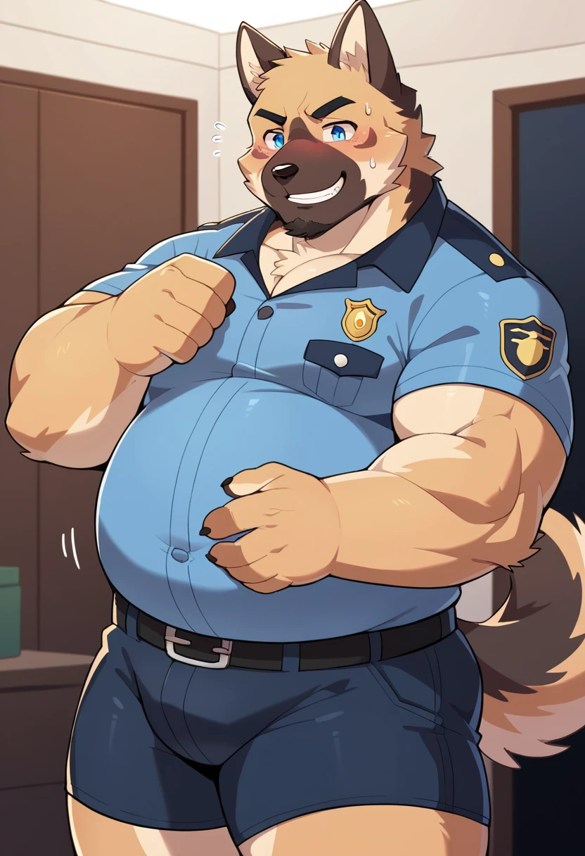 New Jersey 5 Furry,(German Shepherd),Solitary,Wildlife,Chubby, Abdominal muscles,Thick Arms,Strong muscles,Chubby脸,Black eyebrows,blue eyes,beard,Mature,blush,Smile,(Dark living room),(Police Uniform),(Sweat),From Zixiong, Takemoto Arashi