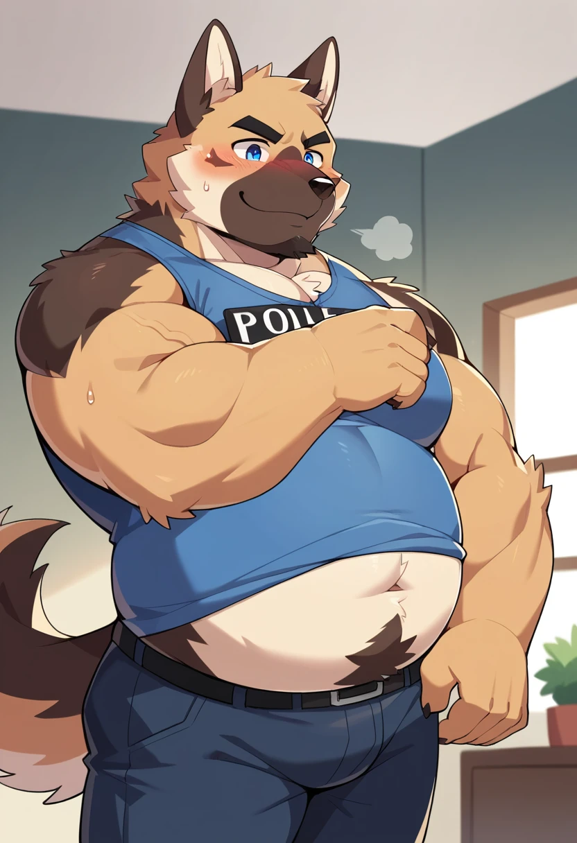 New Jersey 5 Furry,(German Shepherd),Solitary,Wildlife,Chubby, Abdominal muscles,Thick Arms,Strong muscles,Chubby脸,Black eyebrows,blue eyes,beard,Mature,blush,Smile,(Dark living room),(Police Uniform),(Sweat),From Zixiong, Takemoto Arashi
