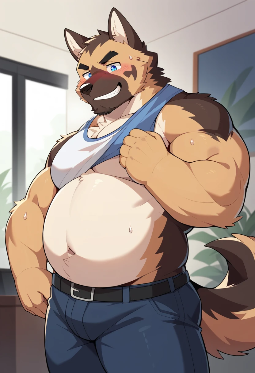 New Jersey 5 Furry,(German Shepherd),Solitary,Wildlife,Chubby, Abdominal muscles,Thick Arms,Strong muscles,Chubby脸,Black eyebrows,blue eyes,beard,Mature,blush,Smile,(Dark living room),(Police Uniform),(Sweat),From Zixiong, Takemoto Arashi