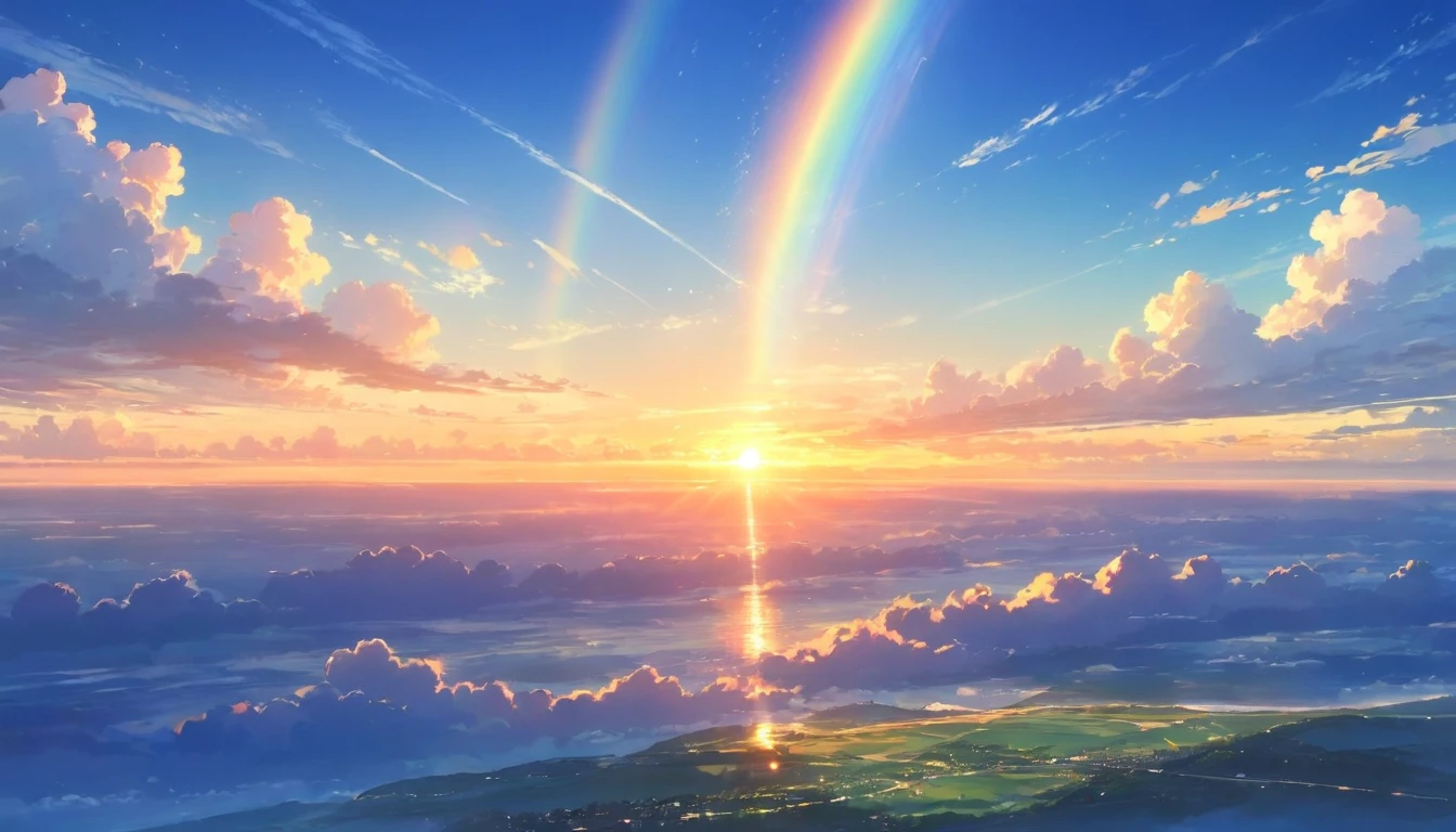 Sunset sky, Animation by Makoto Shinkai, Pixiv Trends, magical realism, Rainbow in the sky, Beautiful animated scenes, Space Sky. by Makoto Shinkai, ( ( makoto shinkai ) ), by Makoto Shinkai, Anime Background Art, Makoto Shinkai's Style