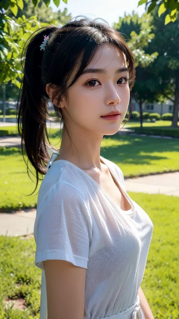 dress,outdoors,Urban Park,On the lawn,One woman,close up face,fully body photo,masutepiece, The highest image quality, High quality, the background is clear,Beautiful woman, Japanese, Detailed, Ultra-detailed, finely detail, hight resolution, 8K Wallpaper, Perfect dynamic composition, Beautiful detailed eyes ,Detailed eyes, Detailed skin, Beautiful skin, 超hight resolution, (reality: 1.4),Very beautiful woman, Slightly younger face, Beautiful skin, slender, (Ultra photo realsisim), (hight resolution), (8K), (Very detailed) (beautifully detailed eyes), (super detailed), (Detailed face), view the viewer, Fine details, Detailed face, Staring straight ahead, Staring straight ahead, photos realistic, Bright lighting, Professional Lighting, Black hair,poneyTail,a baby face,sixteen years old,Hairstyle: ponytail,Long ponytail hairstyle,slight smile,