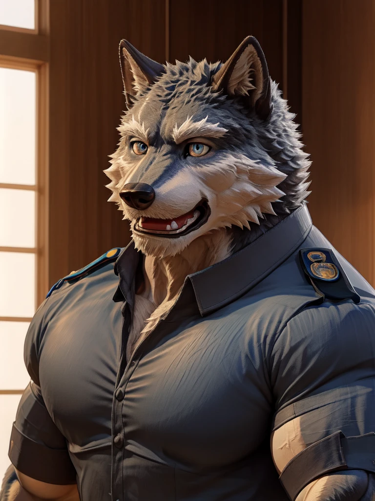 ((solo, one man, 1man)), muscular man wear working as police, police uniform, furry, an anthro (wolf), an anthto, a old man big muscular, happy expression, extremely detailed muscle, detailed face, face, detailed eyes, eyes, detailed muscle, realistic rendering, CG realistic, 3d realistic, photography, background