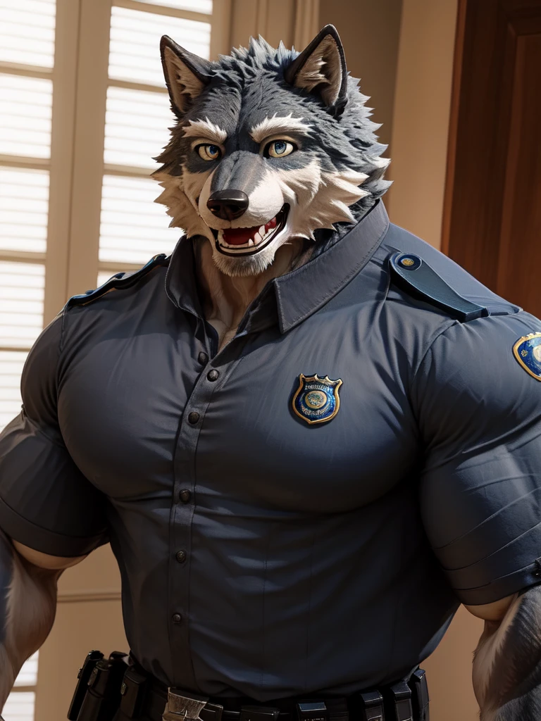 ((solo, one man, 1man)), muscular man wear working as police, police uniform, furry, an anthro (wolf), an anthto, a old man big muscular, happy expression, extremely detailed muscle, detailed face, face, detailed eyes, eyes, detailed muscle, realistic rendering, CG realistic, 3d realistic, photography, background