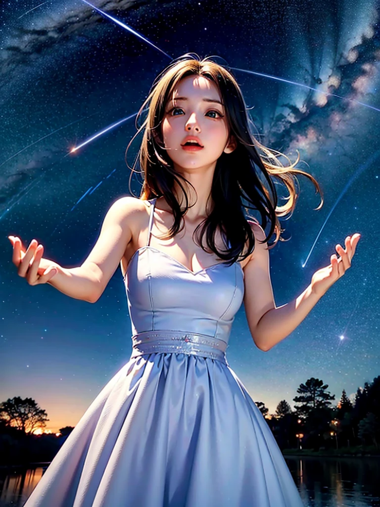 Anime girl, HD, looking up at the sky, is sad, falling stars, longing look, medium length hair, blue eyes, wearing ball gown, hand reaching up to the sky