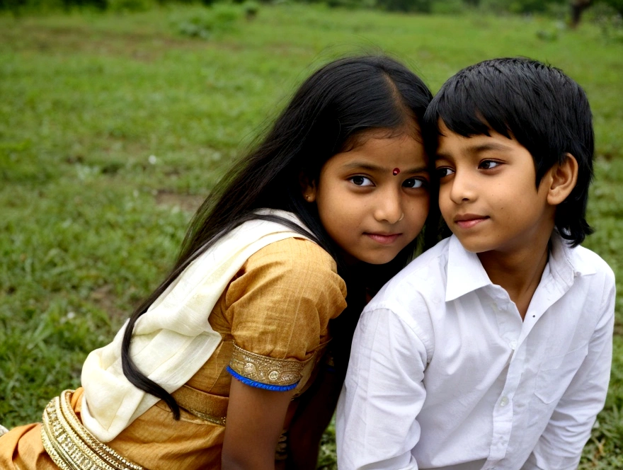 A boy and a girl are sitting behind Nimki Pad on the road.