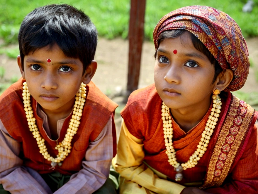 naked Traditional clothes black skin Indian girl boys side by him standing boy and girl only two people in image