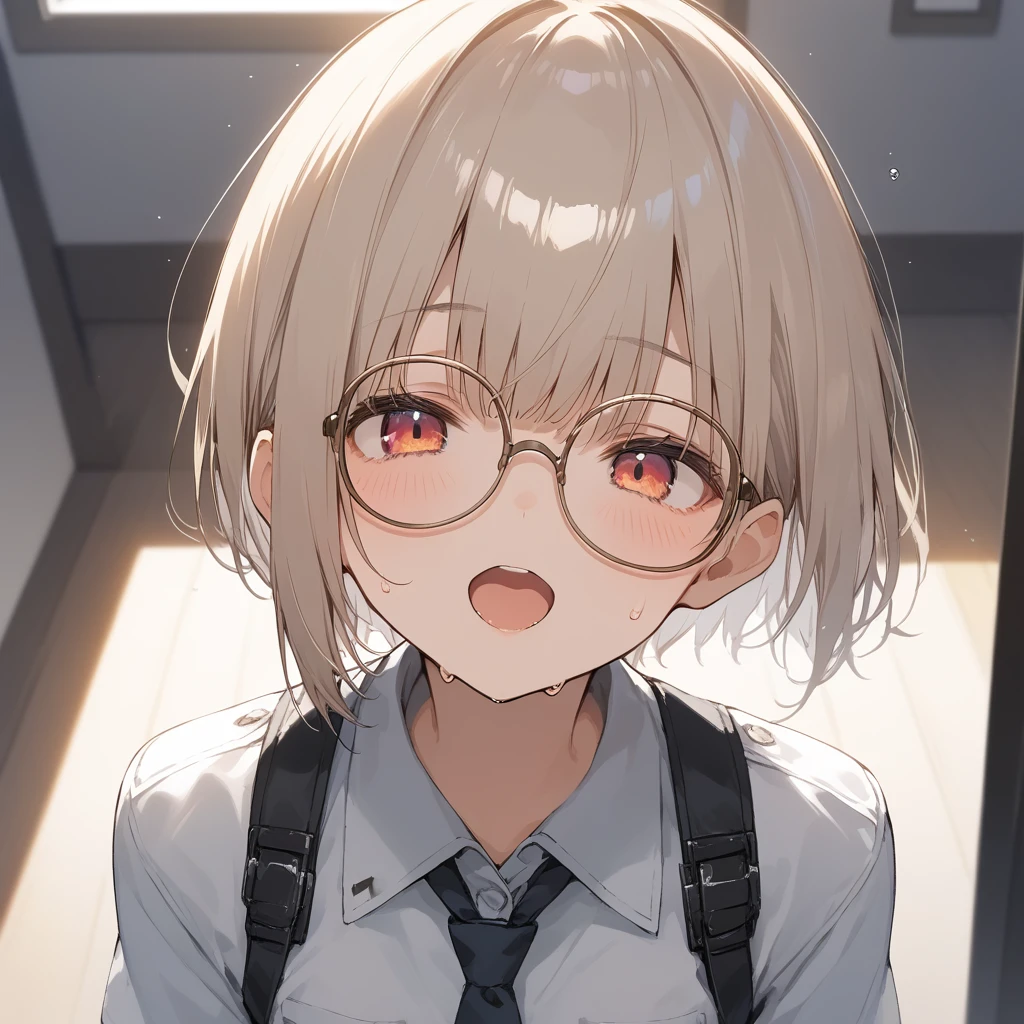 score_9, score_8_up, score_7_up, source_anime, best quality, masterpiece, official art, absurdres, highres, ultra-detailed,waifu2x,Collection: Slice of Life,break,1girl, very short hair,pixie cut, long bangs, glasses, uniform, small breasts, sweat, open mouth, (wavy mouth:0.3), indoors, sit, summer, break,dewy skin, perspiration on the skin,skin texture, fine lines, pores, natural imperfections,light reflections, glossy skin, shiny skin,break,(clear line illustration:1.2),very high resolution, very aesthetic, Best sexual lighting powered by famous artist, 8k,cute picture,beauty illustration,photoshop_(medium),,(Detailed Lighting),best anime 8k konachan wallpaper, pixiv contest winner, 