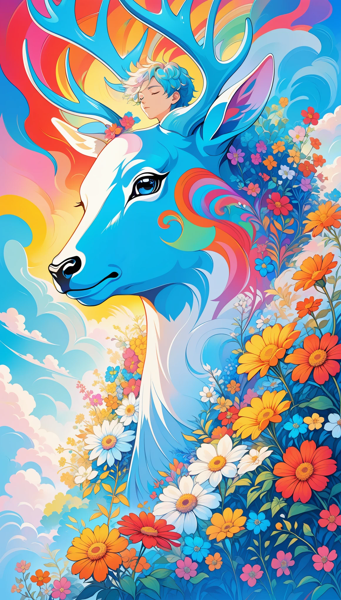 (psychedelic art:1.5),(view from below:1.2),boy,personification,big color block,white,blue,Upper body,eyes closed,deer,There are flowers,