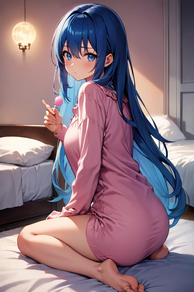 (masterpiece:1.3), (best quality:1.1), (8k, ultra detailed, ultra high res:1.2), ((anime style)), perfect 5 fingers, perfect anatomy, 
1girl,
BREAK long hair, blue hair, blue eyes, 
[medium breasts], 
BREAK Satin Nightgown, pink pajamas, 
looking at viewer, (eating soft serve ice cream:1.1), 
upper body, 
(moon light, indoors, inside, on a bed, wariza:1.2), 