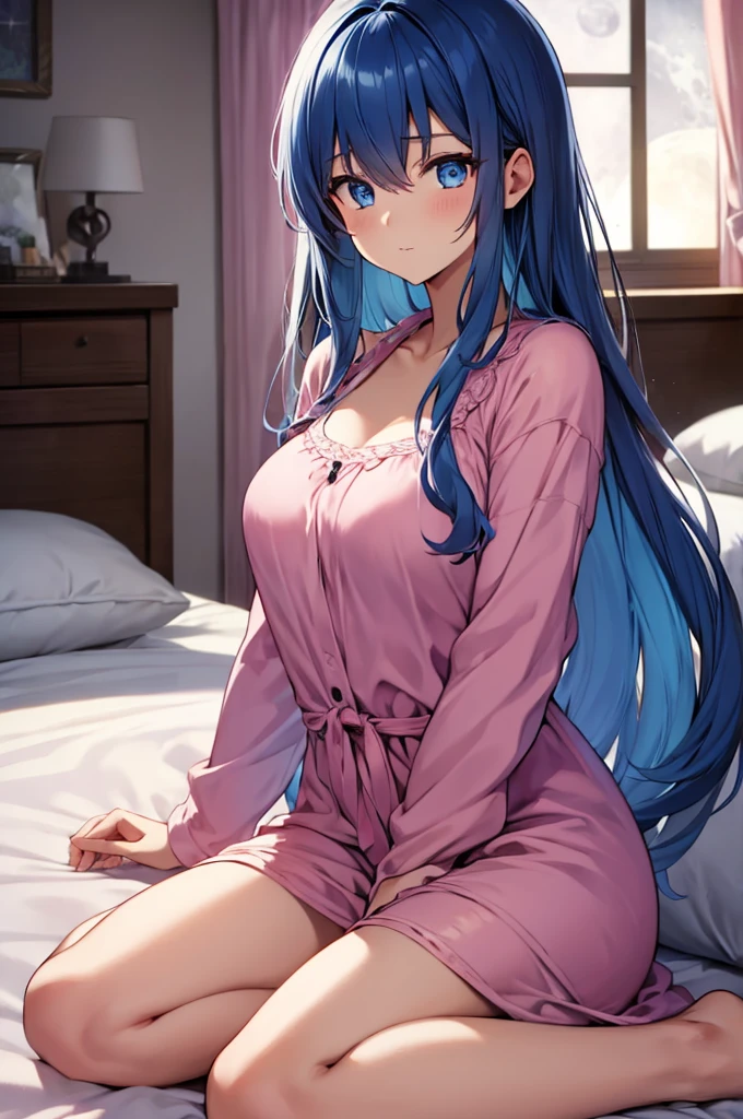 (masterpiece:1.3), (best quality:1.1), (8k, ultra detailed, ultra high res:1.2), ((anime style)), perfect 5 fingers, perfect anatomy, 
1girl,
BREAK long hair, blue hair, blue eyes, 
[medium breasts], 
BREAK Satin Nightgown, pink pajamas, 
looking at viewer, (eating soft serve ice cream:1.1), 
upper body, 
(moon light, indoors, inside, on a bed, wariza:1.2), 