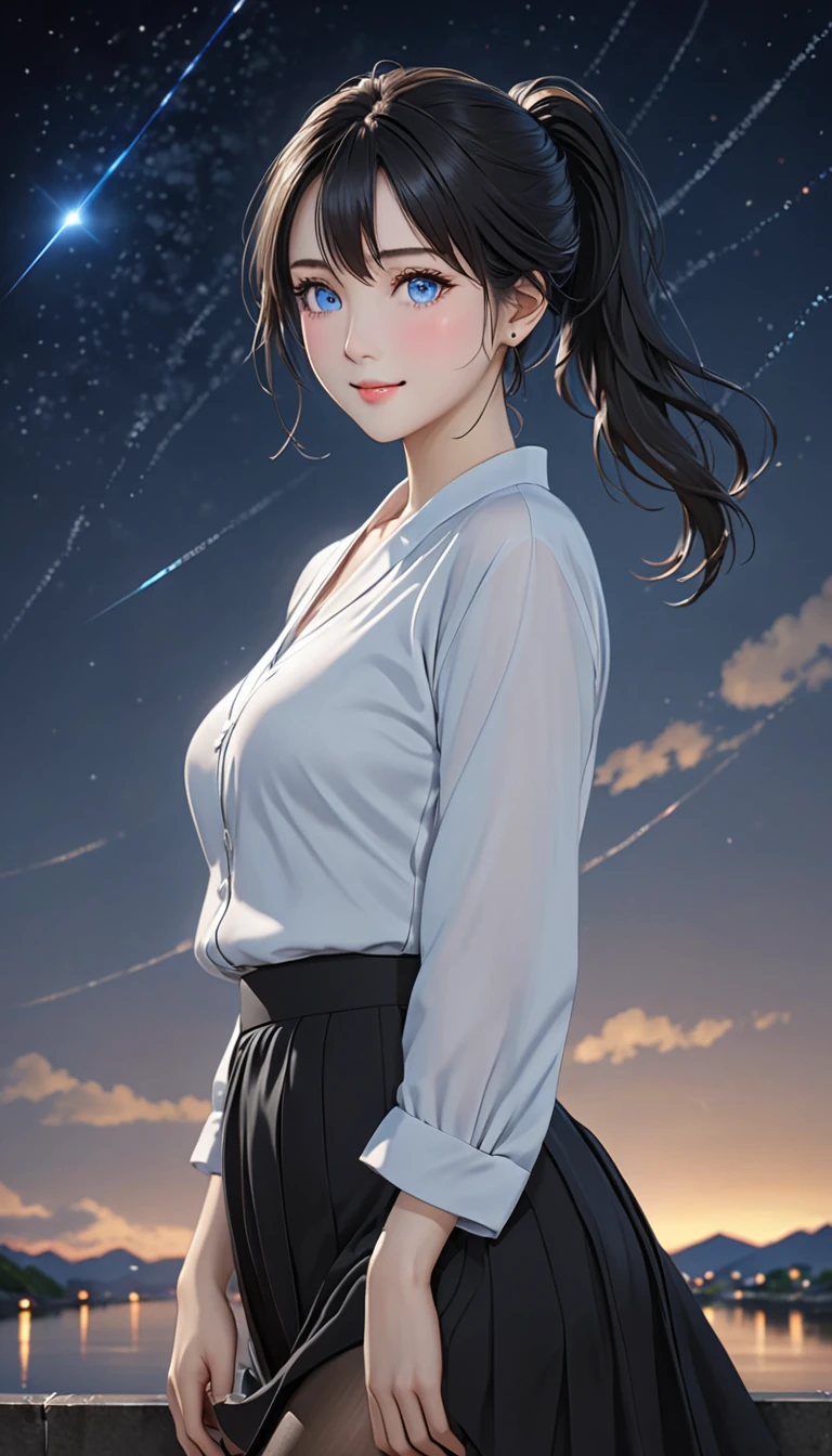 National Science Foundation,(((masterpiece))),masterpiece,High resolution,最high quality,最high quality,8K,art,超High resolution, Attention to detail, High resolution, 8K, 16K, high quality, 最high quality, Super detailed, Textured skin, masterpiece, Accurate, Anatomically correct, Awards,Kyoto Animation Style,Your Name movie style,Looking into the camera,To the camera,night,真night中,Soft and pale light,meteor,(1 female: 1.3),(alone: 1.4),(((Black Hair))),(((ponytail))),(((Medium Hair))),美しいBlack Hair,光沢のあるBlack Hair,Hair blowing in the wind,(((OL style fashion))),((A cute woman wearing a suit for women, like an office lady))),(Wearing a white blouse),(((knee-length black skirt))),(((A woman wearing black pantyhose))),(necklace),(シルバーのnecklace),Silver Earrings,Long eyelashes,Thin legs,Feminine poses,Sexy pose,Upper body close-up,nightの星空,Eyes as deep as the starry sky,(((Pale blue eyes))),Watery eye,Little tears,Blushed,shy,Open your lips slightly and smile,Quietly smiling face,mystery,mystery的,Woman as beautiful as  angel,