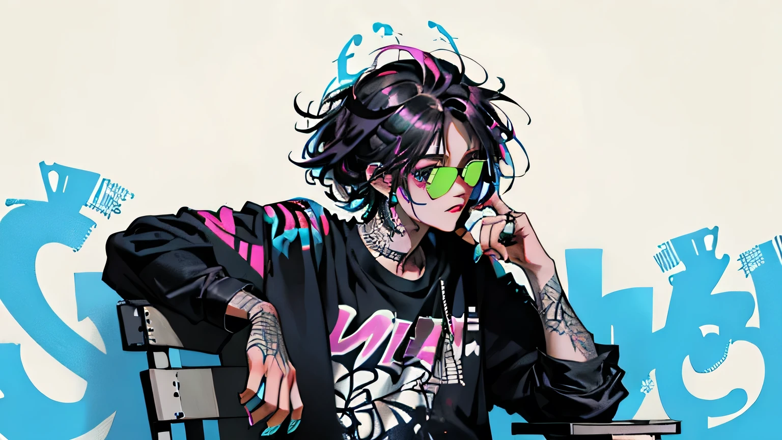 HD, (best detail) (best quality), homme Aalfi à lunettes de soleil assise sur une chaise sur un canapé, (((Graffitis))), (((Trigger Studio Style, Graffitis, rock-punk, Neon colors))), Carne Griffiths