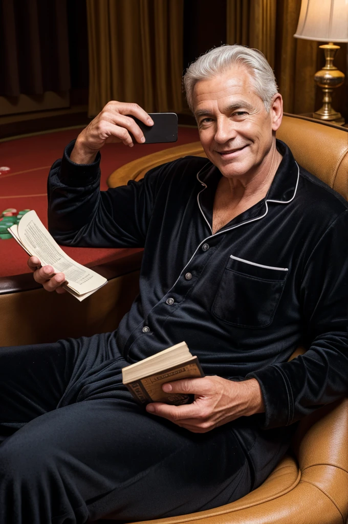 photorealistic,man,Age 59 years,Looks good,Oval face,smile,Wear black pajamas,Sit and read a book.,At the casino,Catch the book,Take a picture of yourself,Sharp picture,realistically.
