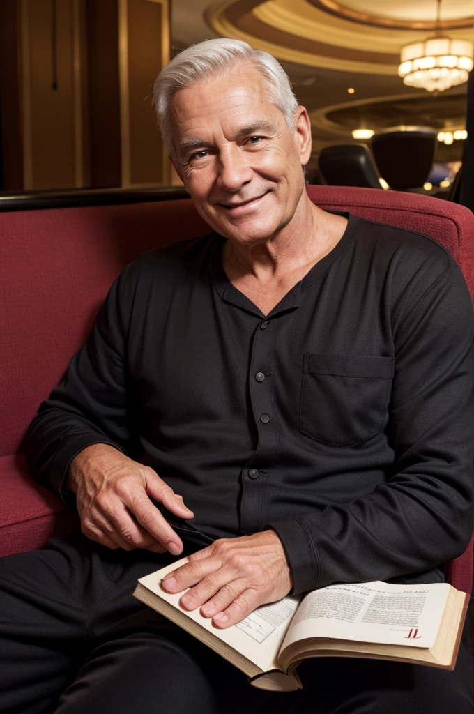 photorealistic,man,Age 59 years,Looks good,Oval face,smile,Wear black pajamas,Sit and read a book.,At the casino,Catch the book,Take a picture of yourself,Sharp picture,realistically.