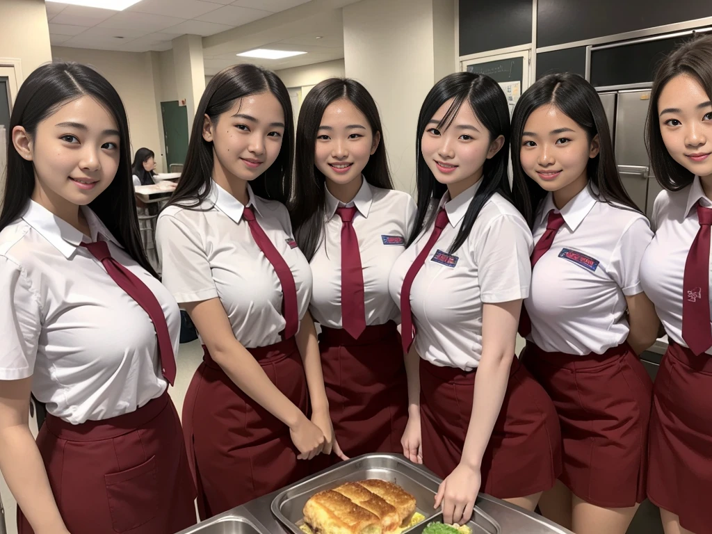 School lunch duty、canteen、breakfast、A group of 10 female students standing in a row、uniform、Big Breasts、Nipples、Tucked up、smile、Women's dormitory、slender、Are thin、Blonde、Brown Hair、Black Hair、Huge 、Cleavage、Daytime、String Panties Thighs Thighs、Spread your legs wide、Short sleeve white shirt、Sexy、adultery、Amorous、Nipples