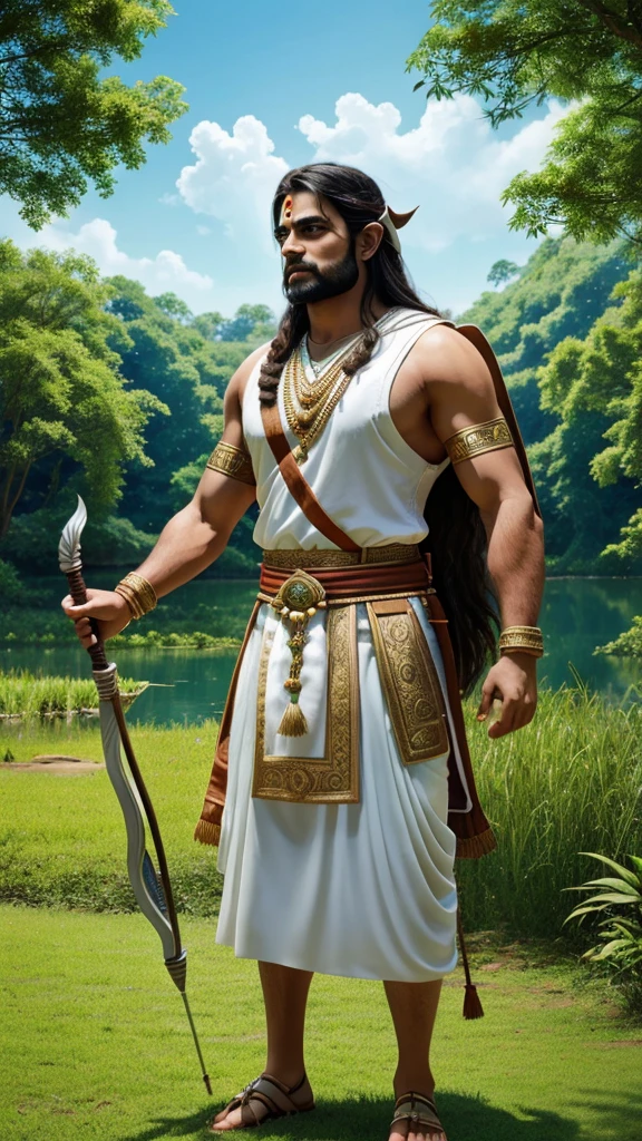 Create a serene and majestic wallpaper featuring Lord Shri Ram standing with his bow, surrounded by lush greenery and a clear blue sky in the background