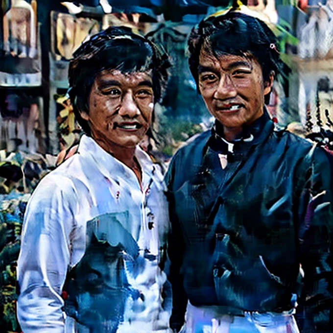 Generate an image of two famous martial artists, one from Indonesia and one from Hong Kong, taking a selfie together on the set. Indonesian pencak silat wears black t-shirts that say "Pasker Lapmer", spelling must be correct, white writing must be correct, blue denim pants, short hair in popular KPop style. The Hong Kong martial artist wearing a dark casual jacket and white shirt, with minus glasses is Jackie Chan. Both smiled and appeared friendly, looking at the camera., wildlife photography, portrait photography, cinematic, typography, photo, illustration, painting, fashion, dark fantasy, conceptual art, ukiyo-e, architecture, vibrant