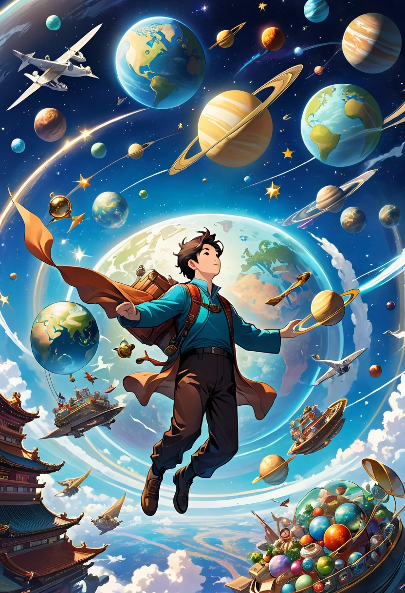 A man flies through the sky，Surrounded by a planet，A variety of goods surround it。The man holds the map，'s illustration。