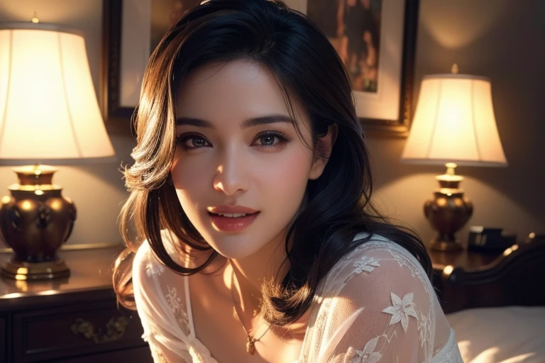 a gorgeous busty woman, beautiful detailed eyes, beautiful detailed lips, extremely detailed face, long eyelashes, lingerie, nightie, beautiful detailed smile, beautiful detailed teeth, POV, lover, cinematic dramatic lighting, (best quality,4k,8k,highres,masterpiece:1.2),ultra-detailed,(realistic,photorealistic,photo-realistic:1.37),HDR,UHD,studio lighting,ultra-fine painting,sharp focus,physically-based rendering,extreme detail description,professional,vivid colors,bokeh,portrait,photorealistic,cinematic