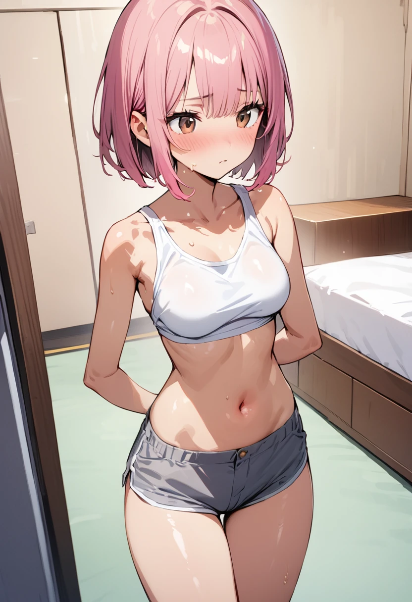 ((masterpiece,Highest quality:1.3,best quality illustration)),cowboy shot,1woman,16-year-old Japan beauty,((very small head:1.4)),short bob hair,bangs,(pink hair),brown eyes,gorgeous eyes,shy,medium breasts,((very long body:1.2)),(White tank top、Grey micro shorts),navel、(toned body,slender body,skinny),gleaming skin,shiny skin,oily skin,sweat,standing,Simple bedroom、simple hotel、Tokyo