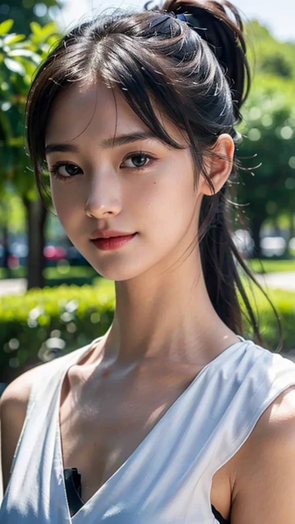 dress,outdoors,Urban Park,On the lawn,One woman,close up face,fully body photo,masutepiece, The highest image quality, High quality, the background is clear,Beautiful woman, Japanese, Detailed, Ultra-detailed, finely detail, hight resolution, 8K Wallpaper, Perfect dynamic composition, Beautiful detailed eyes ,Detailed eyes, Detailed skin, Beautiful skin, 超hight resolution, (reality: 1.4),Very beautiful woman, Slightly younger face, Beautiful skin, slender, (Ultra photo realsisim), (hight resolution), (8K), (Very detailed) (beautifully detailed eyes), (super detailed), (Detailed face), view the viewer, Fine details, Detailed face, Staring straight ahead, Staring straight ahead, photos realistic, Bright lighting, Professional Lighting, Black hair,poneyTail,a baby face,,Hairstyle: ponytail,Long ponytail hairstyle,slight smile,