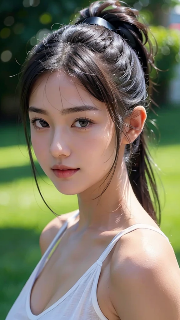 dress,outdoors,Urban Park,On the lawn,One woman,close up face,fully body photo,masutepiece, The highest image quality, High quality, the background is clear,Beautiful woman, Japanese, Detailed, Ultra-detailed, finely detail, hight resolution, 8K Wallpaper, Perfect dynamic composition, Beautiful detailed eyes ,Detailed eyes, Detailed skin, Beautiful skin, 超hight resolution, (reality: 1.4),Very beautiful woman, Slightly younger face, Beautiful skin, slender, (Ultra photo realsisim), (hight resolution), (8K), (Very detailed) (beautifully detailed eyes), (super detailed), (Detailed face), view the viewer, Fine details, Detailed face, Staring straight ahead, Staring straight ahead, photos realistic, Bright lighting, Professional Lighting, Black hair,poneyTail,a baby face,sixteen years old,Hairstyle: ponytail,Long ponytail hairstyle,slight smile,