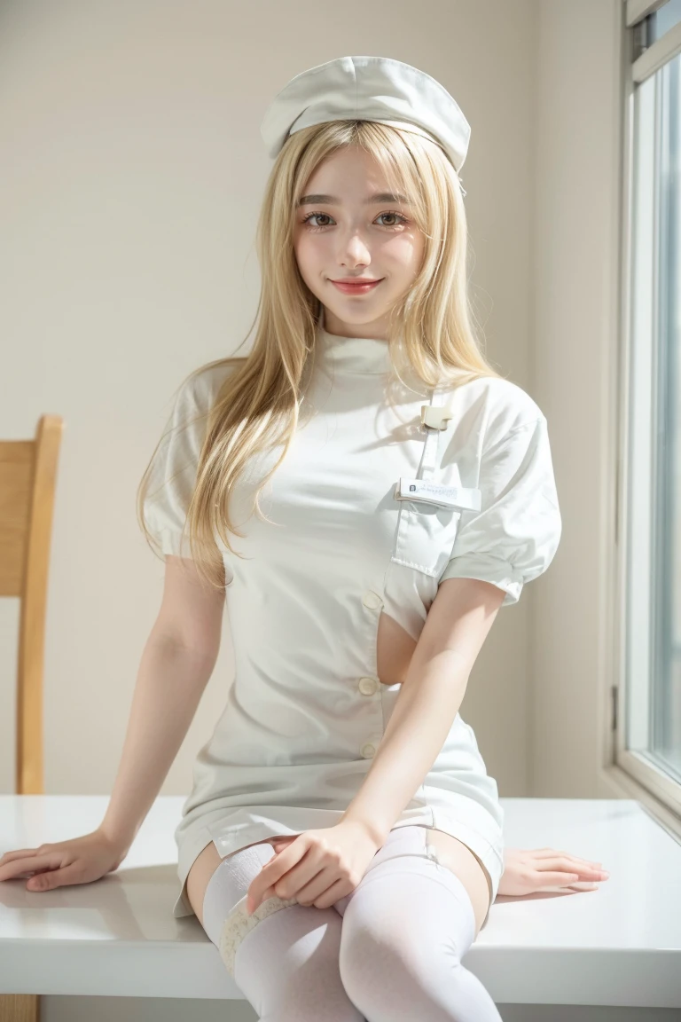 1 woman, best quality, ((Miyo)), tarankaaa, perfect face, beautiful smile, 30 years old, looking at desktop, writing report on a booklet using a pen, ((white nurse attire, white nurse cap, white thighhighs, gold blonde hair)), ((perfectly drawn hands)), perfect body, white room, hospital, scenery, solo, sitting behind desktop, reading a booklet, booklet placed over desktop, holding pen, 32k photograph, ((perfect eyes, detailed eyes, realistic eyes)), ((sharp face, detailed face, realistic face, natural skin, realistic skin, detailed skin, smiling, pores)), ((detailed body, perfect photography)), tone mapping, asian-european, ((masterpiece)), ((highres)), ((detailed background)), japanese village background through window, midday, big proportions, good hands,