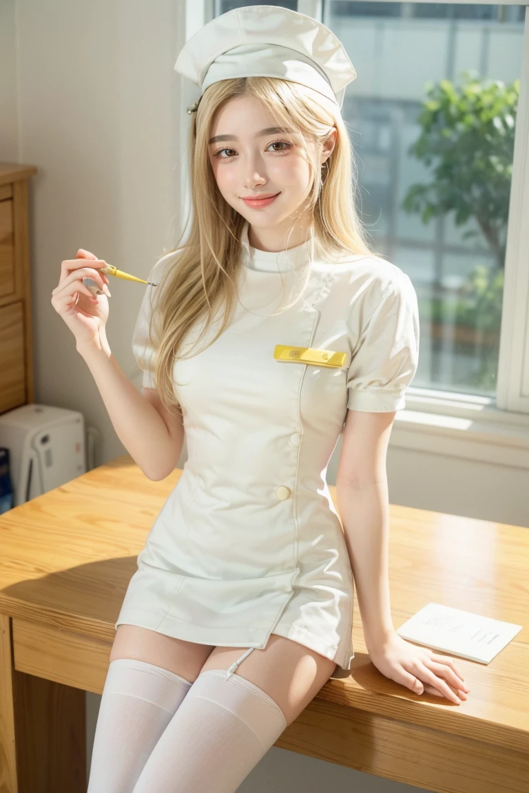 1 woman, best quality, ((Miyo)), tarankaaa, perfect face, beautiful smile, 30 years old, looking at desktop, writing report on a booklet using a pen, ((white nurse attire, white nurse cap, white thighhighs, gold blonde hair)), ((perfectly drawn hands)), perfect body, white room, hospital, scenery, solo, sitting behind desktop, reading a booklet, booklet placed over desktop, holding pen, 32k photograph, ((perfect eyes, detailed eyes, realistic eyes)), ((sharp face, detailed face, realistic face, natural skin, realistic skin, detailed skin, smiling, pores)), ((detailed body, perfect photography)), tone mapping, asian-european, ((masterpiece)), ((highres)), ((detailed background)), japanese village background through window, midday, big proportions, good hands, 