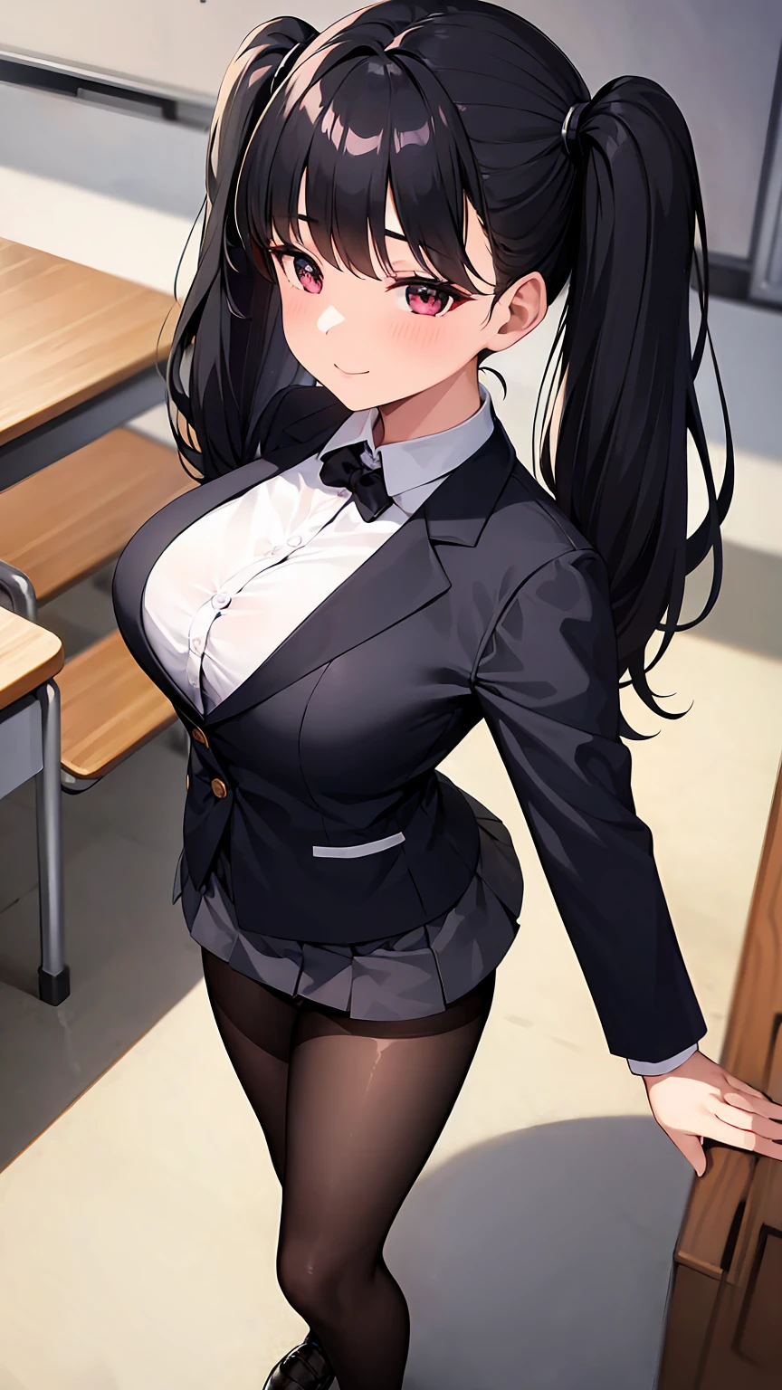 One Girl, Five Fingers, mini skirt, Looking down at the viewer, Twin tails, Highest quality, Focus on the thighs, Dynamic pose, smile, blazer, blouse, Black Pantyhose, panties under pantyhose, Standing Split, classroom, Black Hair, Stylish pose,My thighs and groin are steamy 