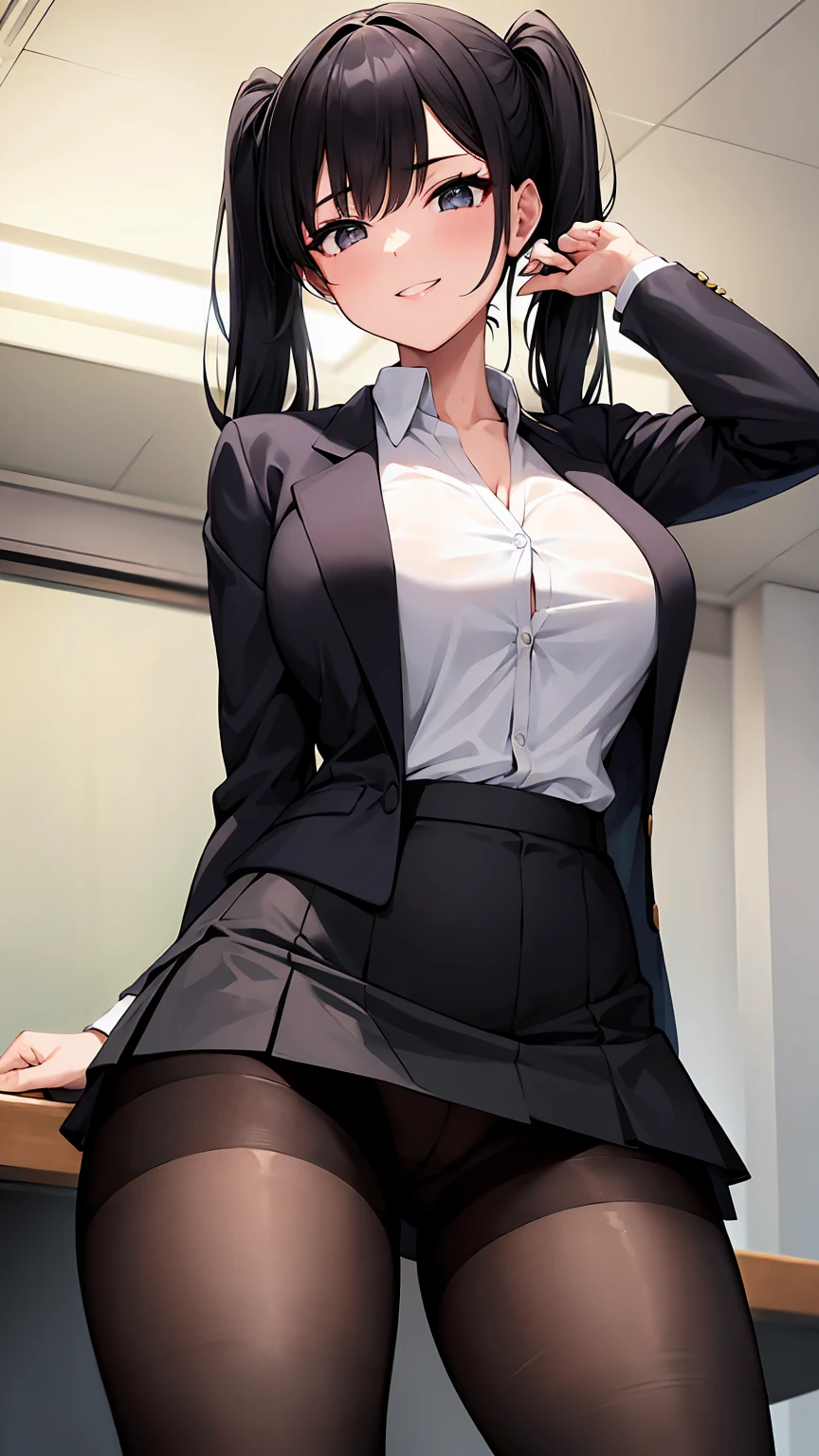 One Girl, Five Fingers, mini skirt, Looking down at the viewer, Twin tails, Highest quality, Focus on the thighs, Dynamic pose, smile, blazer, blouse, Black Pantyhose, panties under pantyhose, Standing Split, classroom, Black Hair, Stylish pose,My thighs and groin are steamy