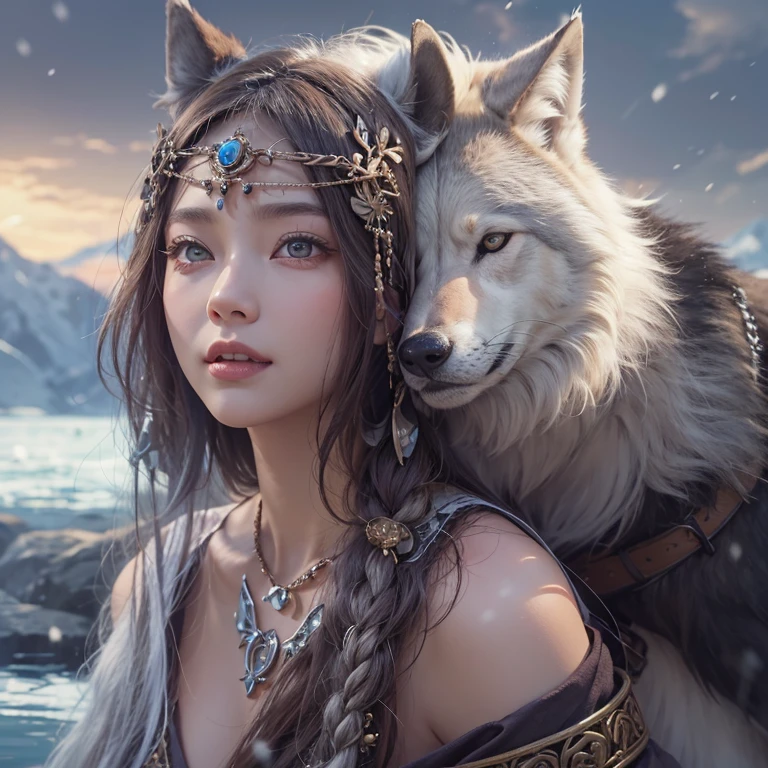 Lakeside surrounded by snowy mountains、Hair flow、 ((Highest quality、masterpiece、8K、Best image quality、Ultra-high resolution、Award-winning works)、(Accurate anatomy:1.1)、(Look at me and smile:1.1)、Shining fair skin with Ultra-high resolution、The most detailed face、Ultra-high resolution detailed face、Ultra-high resolutionの髪の毛、(Ultra-high resolutionの煌めく瞳:1.1)、Beautiful face drawn in every detail、Ancient Viking clothing, Chest to chest, tattoo, A real wolf is by your side
