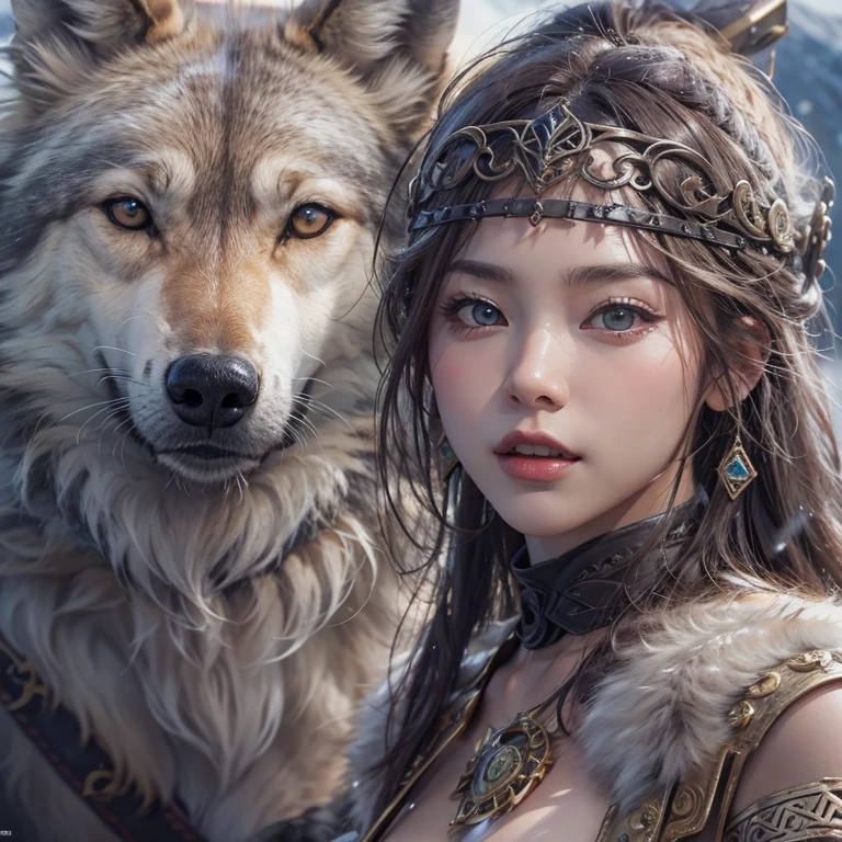 Lakeside surrounded by snowy mountains、Hair flow、 ((Highest quality、masterpiece、8K、Best image quality、Ultra-high resolution、Award-winning works)、(Accurate anatomy:1.1)、(Look at me and smile:1.1)、Shining fair skin with Ultra-high resolution、The most detailed face、Ultra-high resolution detailed face、Ultra-high resolutionの髪の毛、(Ultra-high resolutionの煌めく瞳:1.1)、Beautiful face drawn in every detail、Ancient Viking clothing, Chest to chest, tattoo, A real wolf is by your side
