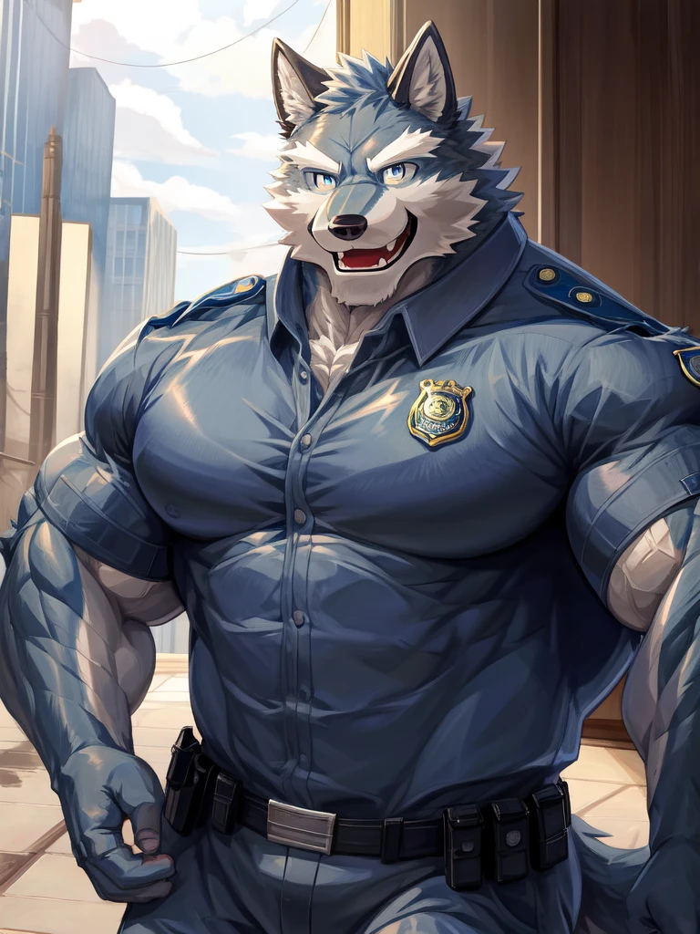 ((solo, one man, 1man)), muscular man wear working as police, police uniform, furry, an anthro (wolf), an anthto, a old man big muscular, happy expression, extremely detailed muscle, detailed face, face, detailed eyes, eyes, detailed muscle, anime, digital arts, background