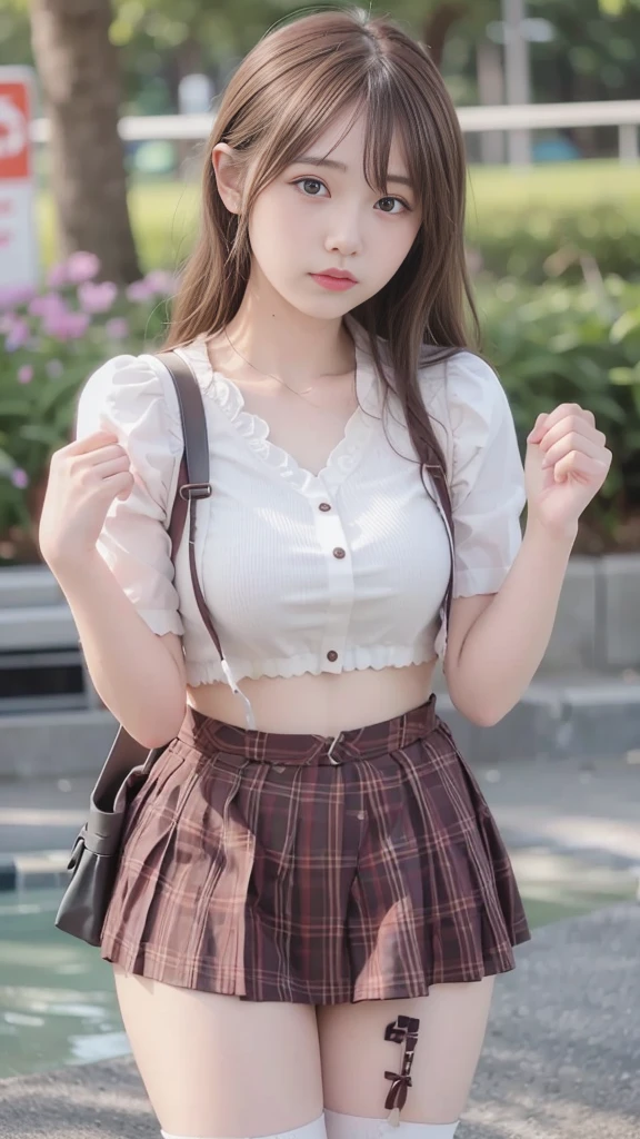 (8K、RAW Photos、Highest quality、masterpiece:1.2)、(Highest quality、Realistic)、1 Girl、((ribbon、Tube top、Off the shoulder、Medium Hair、Big Breasts、Breast enlargement、smile、Pink and black、mini skirt、Thin legs、whole body、boots、garden、View from the front、Looking into the camera、Idol Costume、Stand with hands on hips))、cute