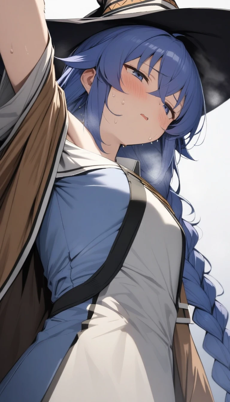 (masterpiece:1.2), Hyper Detail, Highest quality, (Complex_detailed:1.1), Beautiful details, Beautiful Hair, alone,One girl,alone,Roxy Migurdia, Witch Hat, Blue twin braids,Brown cape, shirt,((shirt half off shoulder)),shoulder,Upper Body,Hand holding a cape, sweating,Heavy breathing,vapor,blush,((Open Cape)),greasy shoulder,Half-closed eyes,((From below)),Look down,Reverse hair,Underarm,greasy Underarm, shoulder focus,