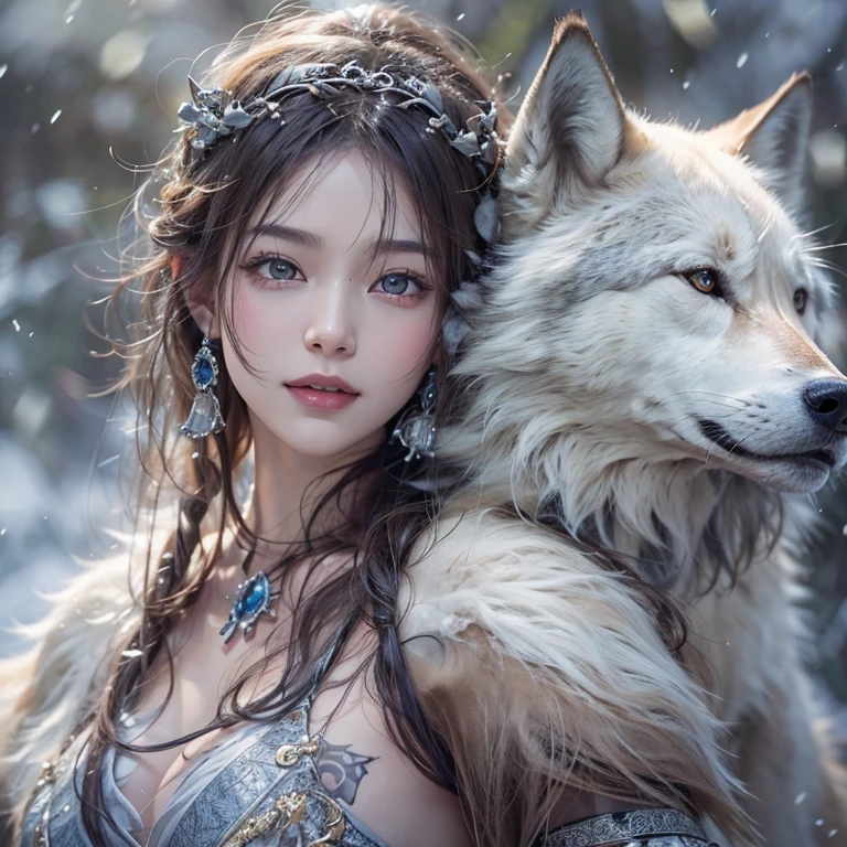 Lakeside surrounded by snowy mountains、Hair flow、 ((Highest quality、masterpiece、8K、Best image quality、Ultra-high resolution、Award-winning works)、(Accurate anatomy:1.1)、(Look at me and smile:1.1)、Shining fair skin with Ultra-high resolution、The most detailed face、Ultra-high resolution detailed face、Ultra-high resolutionの髪の毛、(Ultra-high resolutionの煌めく瞳:1.1)、Beautiful face drawn in every detail、Ancient Viking clothing, Chest to chest, tattoo, A real wolf is by your side
