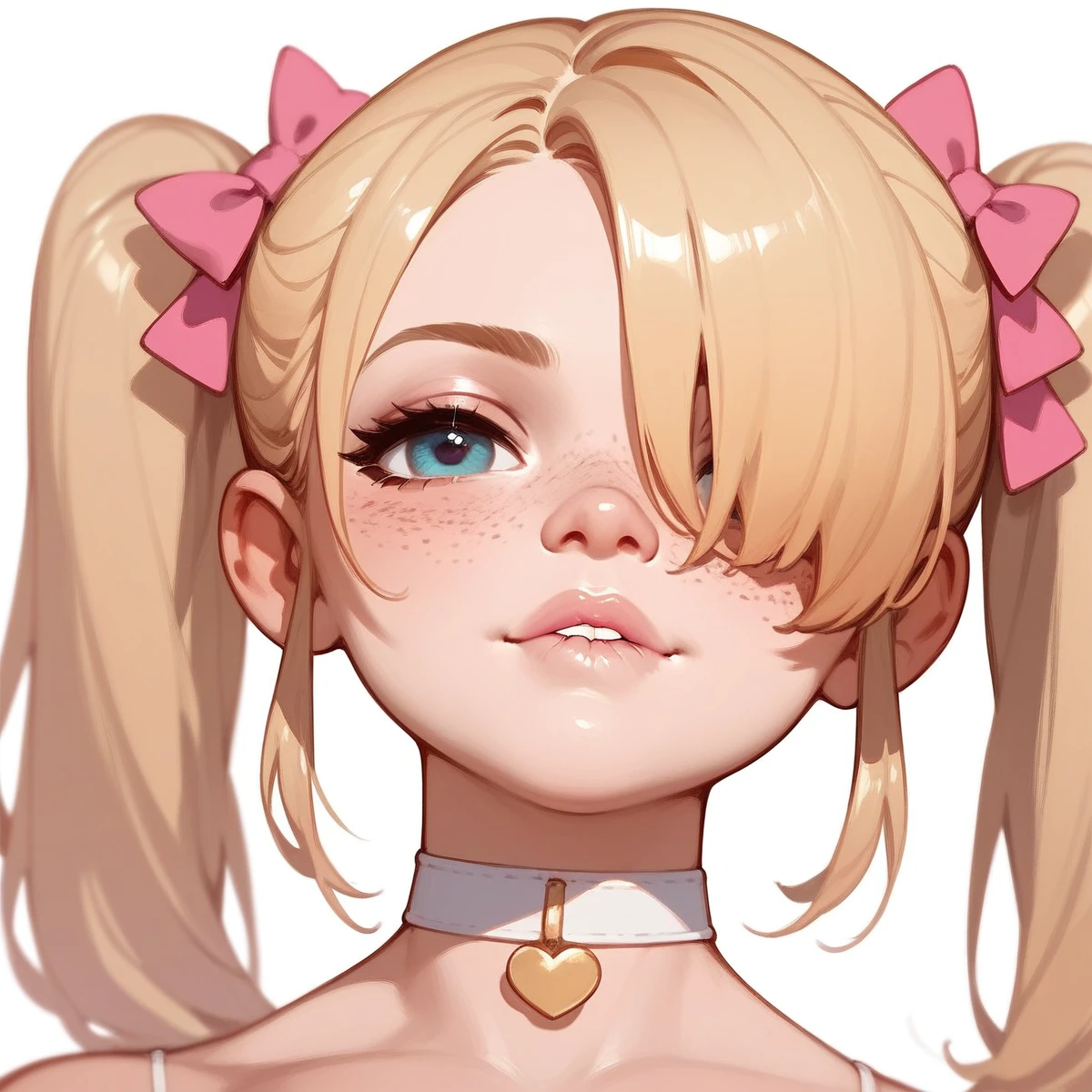 score_9,score_8_up,score_7_up,score_6_up,score_5_up,score_4_up,
1girl, pretty girl, blonde hair, in twintails, hair over 1 eye, cute nose. biting lip, seductive, white choker, pink lips, freckles,
 