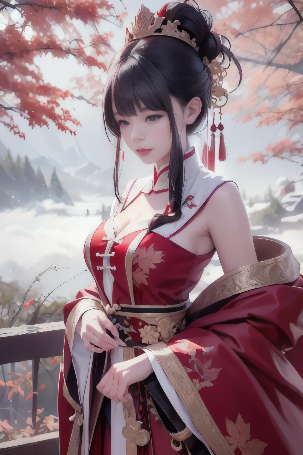 Official Art, Unity 8k wallpaper, super detailed, beautiful, beautiful, masterpiece, best quality, mystery, romanticism, horror, literature, art, fashion, Tang dynasty era, decoration, intricate, embroidery, red hanfu, red tulle coat, 1 girl, black hair, red headband, red hairpin, sad, fatalistic, bust composition, dramatic composition, movie lighting, dynamic perspective, sexy, nudity, full of temptation, red maple forest, maple leaves falling, red maple background, cloudy fog, dramatic composition,