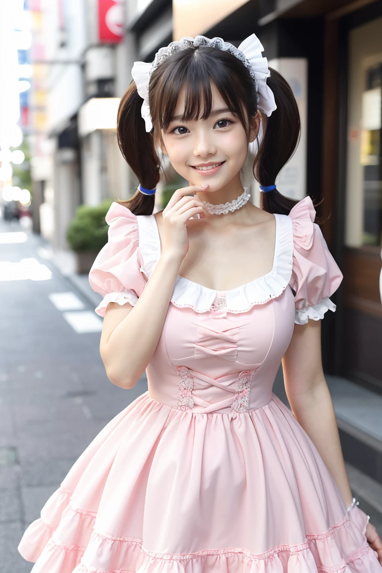 (Highest quality、masterpiece、8K、Best image quality、Hyperrealism、Award-winning works)、1 maid、(alone:1.1)、(1 photo:1.1)、(Cute girly frilly lolita maid dress:1.2)、(A bright and shiny light pink maid outfit:1.1)、(Very exquisite and detailed Lolita maid dress:1.2)、(Pale pink pastel color maid dress:1.2)、Light blue and light pink maid outfit、(A very intricate and beautifully decorated Lolita maid dress:1.2)、Maid dress with ribbons and frills、(Perfect twin tail hair:1.2)、(Low length:1.1)、(height: 140cm:1.1)、Big Breasts、Accentuate your body lines、Slender body、Standing Elegantly、(Akihabara cityscape Blurred Background:1.1)、(The background is a strongly blurred Akihabara streetscape.:1.1)、Blurred Background、Standing Elegantly女性の全身写真、Accurate anatomy、Perfect Makeup、Long eyelashes、Glossy Lips、Ultra HD glossy skin、(Ultra-high definition, bright and beautiful skin:1.2)、超高精細のGlossy Lips、Ultra-high definition beautiful teeth