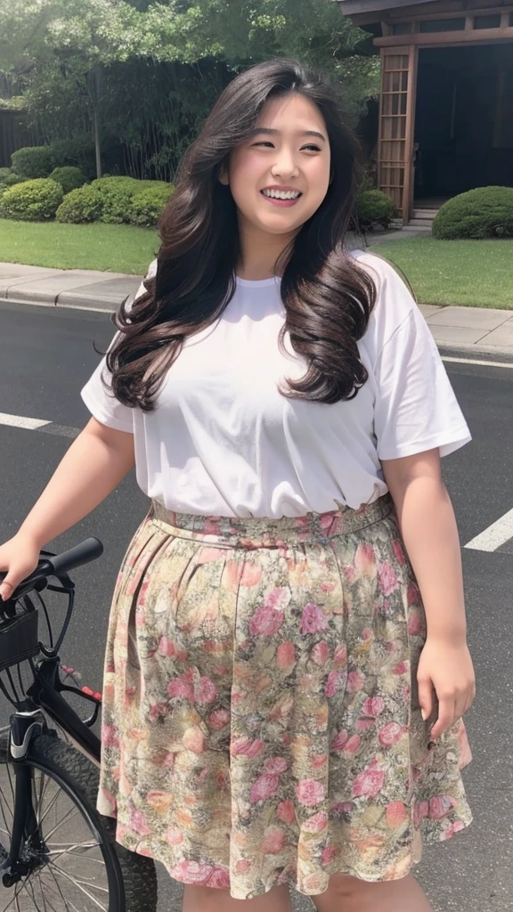 realistic depiction、super obeseのjapanese woman、super obese、big belly、Weight 300kg、very fat woman、Fat woman 、japanese woman、laughter、outdoor、a bit、little woman、His height is only 145cm、22 years old、short skirt