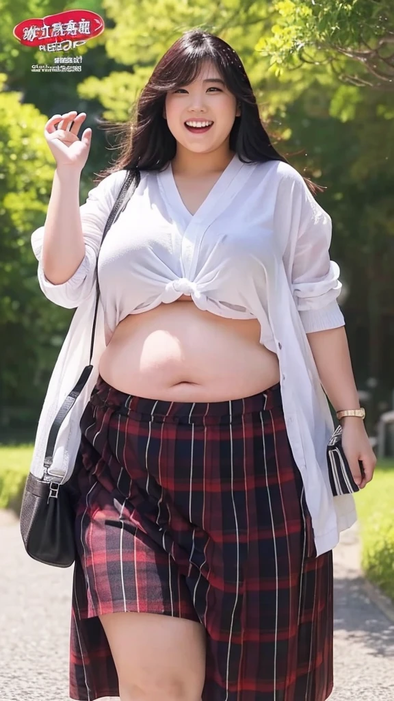 realistic depiction、super obeseのjapanese woman、super obese、big belly、Weight 300kg、very fat woman、Fat woman 、japanese woman、laughter、outdoor、a bit、little woman、His height is only 145cm、22 years old、short skirt